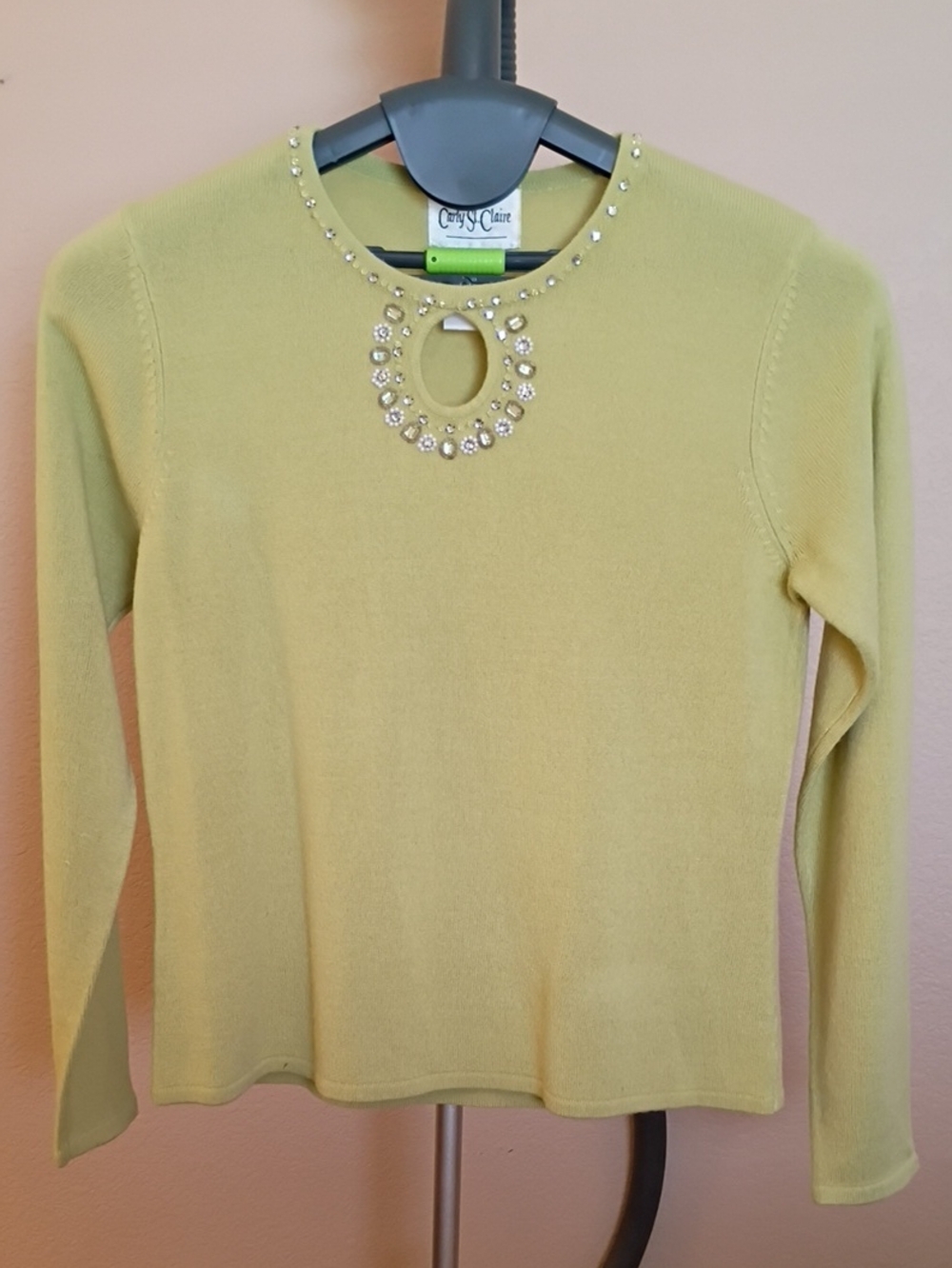 Chartreuse Jeweled Keyhole Crewneck Sweater Size L